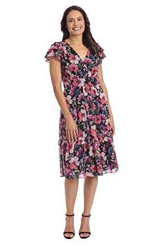 London Times Women's Double Flutter Sleeve Surplice Tiered Midi, Black/Rose