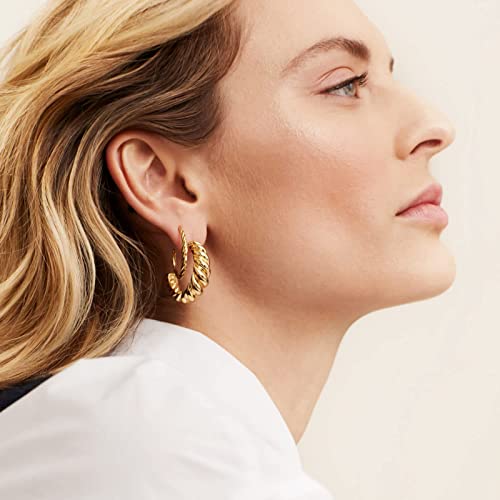 14K Gold Plated Croissant Earrings Twisted Round Hoop Earrings Chunky Hoop Earrings 925 Sterling Silver Post Earrings Huggies with CZ for Women and Gift for Her