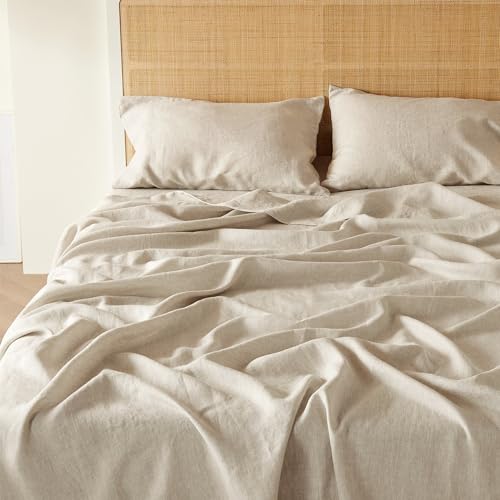 Bedsure Linen Sheets - Twin Linen Bed Sheet, 3 Pcs Twin Sheets Set Cotton Linen, Linen Cotton Blend Sheets for All Seasons, 1 Flat Sheet, 1 Fitted Sheet and 1 Pillowcase (Linen, Twin)