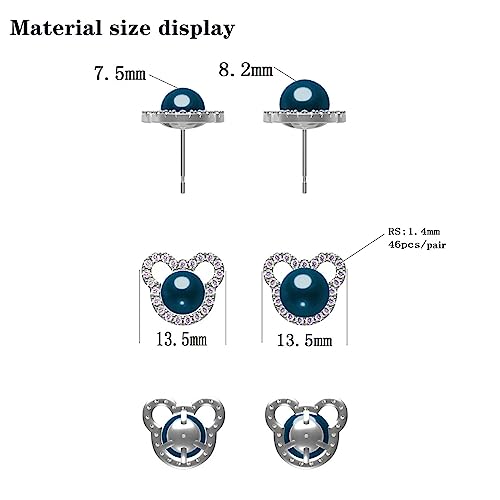 BAMIKI Pearl Earrings Cute Mickey Mouse Studs for Women, S925 Sterling Silver and Sapphire Blue CZ Earrings, White Freshwater Cultured Pearls Jewelry Gifts Hypoallergenic Earrings