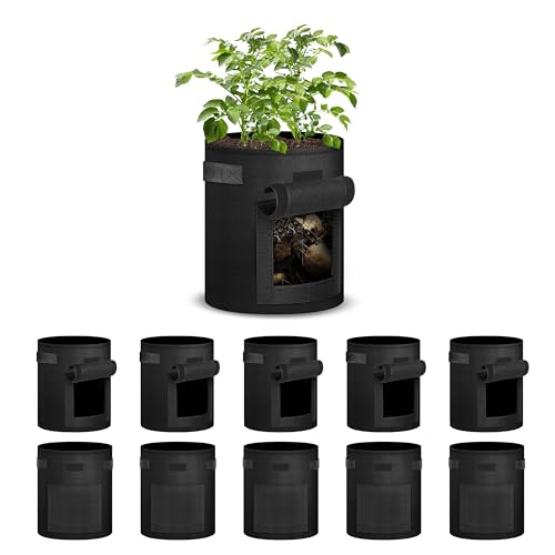 iPower GLGROWBAGWINDOW5X5X2 10-Pack 5-Gallon Potato Grow Bags Pots with Handle, Thickened Non-Woven Aeration Fabric Container, Access, 5 Gallon, Flap and Visualization Window, Easy to Harvest