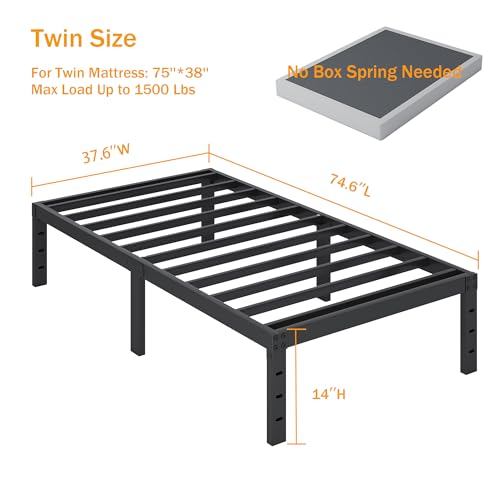 SHLAND Twin Bed Frames 16 Inch Metal Platform Bed Frame No Box Spring Needed, Twin Size Bed with Heavy Duty Strong Slat Support, Easy Assembly, No Noise, Black