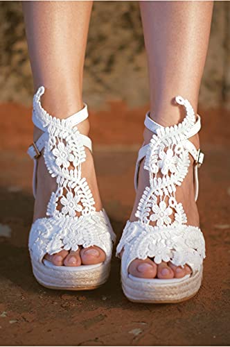 MiLanolce Women's Platform Sandals Wedge Open Toe Ankle Strap lace Wedding Shoes Bridesmaid Shoes,White,size-11