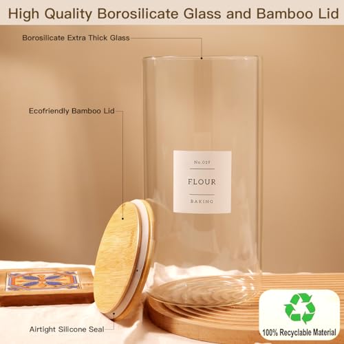 HHMJSM 1.2 Gallon Large Glass Grain Storage Container With Airtight Bamboo Lid - Kitchen Glass Storage Jars With 42 Pantry Labels - Thicken Big Clear Rice and Flour Containers For Your Pantry