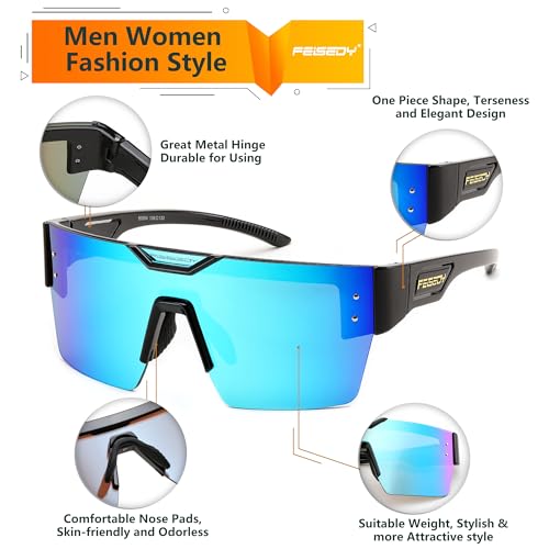 FEISEDY Sunglasses Men Women, Big Oversized Square Frame,UV400 Mirrored Sun Glasses, Cycling Driving Fishing Hiking B0064