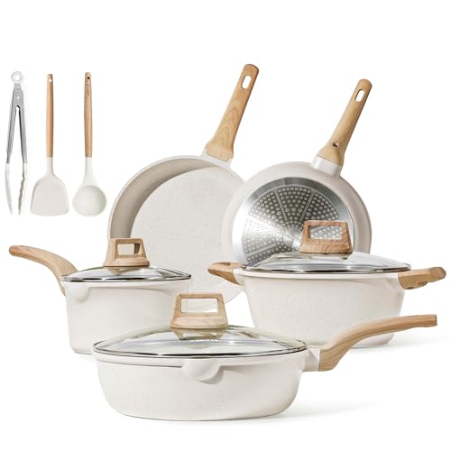 CAROTE Pots and Pans Set Nonstick, White Granite Induction Kitchen Cookware Sets, 11 Pcs Non Stick Cooking Set w/Frying Pans & Saucepans(PFOS, PFOA Free)