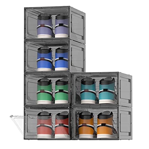 TVKB 6 Pack Drop Front Drop Front Large Shoe Organizer Stackable Shoe Storage Sturdy Hard Plastic Shoe Box with Magnetic Front Door for Closet, Easy Assembly, Fit Up to Size 12, Black