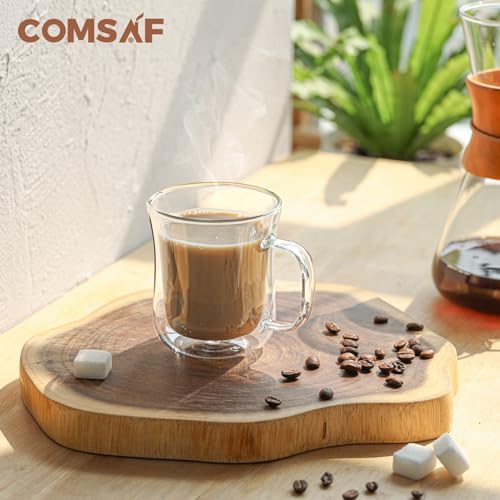 ComSaf Cappuccino Cup 8 oz with handle, Glass Coffee Cups Set of 2, Double Walled Glass Coffee Mugs for Caramel Macchiato, Latte, Flat White, Lungo, Coffee Mug Set Gift for Christmas, Birthday