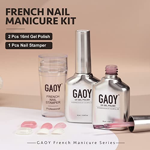GAOY French Manicure Kit, Nail Stamper and 2Pcs Gel Nail Polish, Include Jelly Sheer Pink White Colors for French Tip, UV Light Cure
