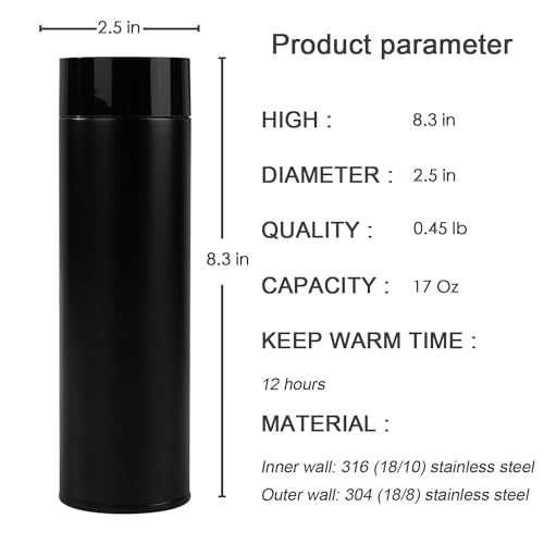 17 oz Water Bottle Stainless Steel Thermoses - Insulated Vacuum, Leak Proof, Keeps Drinks Hot/Cold - Ideal for Coffee, Tea, Water - Black