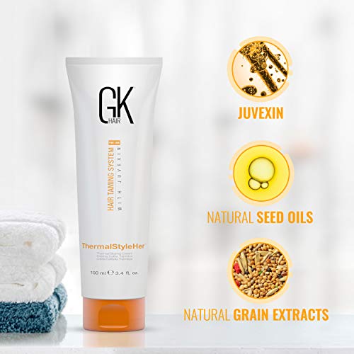 GK HAIR Global Keratin ThermalStyleHer Hair Cream (3.4 Fl Oz/100ml) - Thermal Styling Blow Dry Heat Protectant Cream - Anti Frizz Damage Protection Styling Cream for All Hair Types