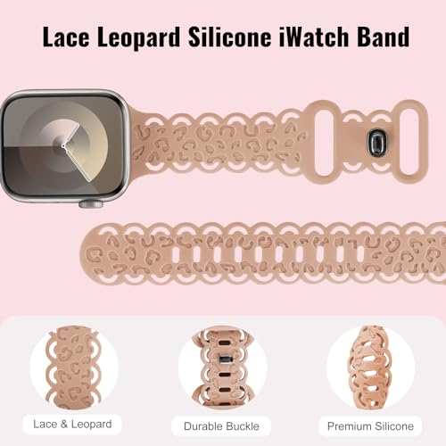 Keebowz Lace Leopard Engraved Compatible with Apple Watch Band 38mm 40mm 41mm 42mm 44mm 45mm 49mm Women, Soft Silicone Strap Hollow-out Wristbands for iWatch Bands Series 9/8/7/6/5/4/3/2/1/SE/Ultra