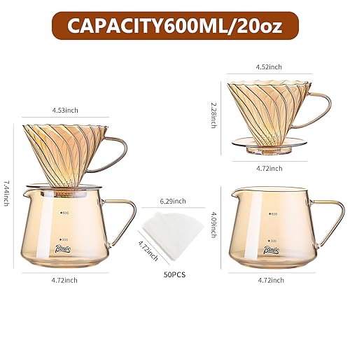 Bincoo Glass Coffee Server Set 600ml- Glass Pour Over Coffee Maker Set with Dripper, V60 Coffee Pot with 50 Count Paper Filter for Home and Office (Champagne)