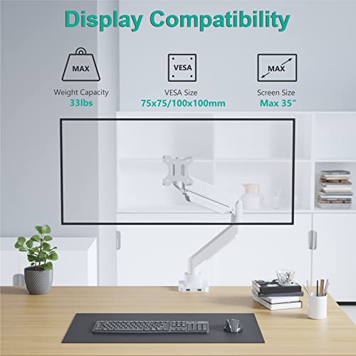 WALI Single Monitor Arm Desk Mount, Single Monitor Mount Desk Up to 35 Inch and 33lbs,Heavy Duty White Monitor Arm Fully Adjustable Gas Spring Monitor Stand (GSMU001-W), White