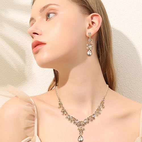 EVER FAITH Rhinestone Crystal Bridal Feast Floral Teardrop Necklace Earrings Set Champagne Rose Gold-Tone