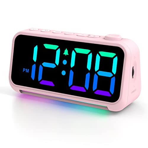 Digital Alarm Clock with LED Large Display USB Charger Port RGB Night Light - Small Desk Clocks for Kids Bedroom Decor Pink