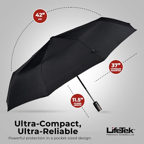LifeTek Traveler 42 FX1 Windproof Travel Umbrella, Automatic Open Close, Compact for Rain and Sun, Fits in Purse or Backpack, Strong Lightweight Durable Frame, UV Protection, Small and Portable Black