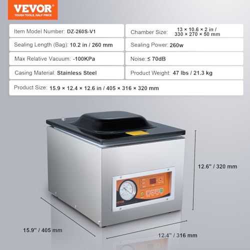 VEVOR Chamber Vacuum Sealer, 260W Sealing Power, Vacuum Packing Machine for Wet Foods, Meats, Marinades and More, Compact Size with 10.2" Sealing Length, Applied in Home Kitchen