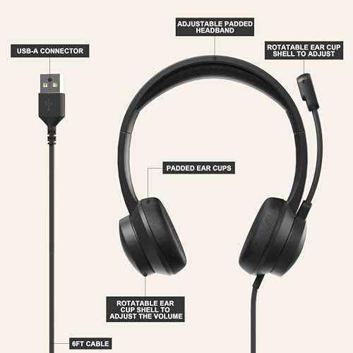 Masajoy Headset with Microphone for PC, USB Headset for Computer with Noise Cancelling Microphone, Computer Headset for Teams, Zoom, Skype Calls（Black）
