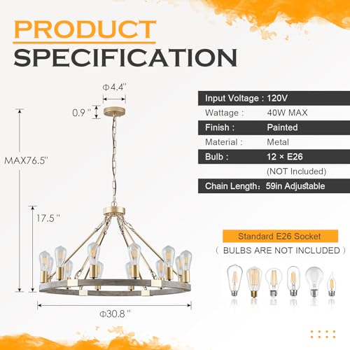 Benkut Farmhouse Wagon Wheel Chandelier 31" Black Rustic Light Fixtures 12-Light Wood Round Chandelier for Dining Room Living Room Entryway Foyer