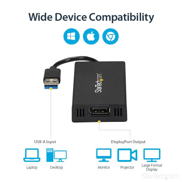 StarTech.com USB 3.0 to DisplayPort Adapter, 4K 30Hz UHD, USB to DP Display Adapter, External Adapter for Mac & Windows, TAA