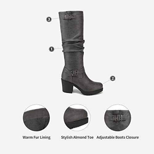 DREAM PAIRS Women's Black Chunky Heel Knee High Boots Side Zipper Round Toe Boots with Faux Fur Lining,Size 10,Grey,CHAI-1