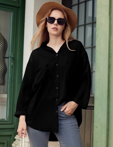 Yimoon Womens Denim Shirt Chambray Blue Button Down Jean Shirt Denim Tops Soft Tencel Casual 3/4 Sleeve Jacket(Black-S)