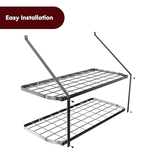 Vdomus Hanging Pot Rack - Rustproof Wall Mounted Pot Rack Pan Hanger for Kitchen Storage & Organization - Durable, Thick Iron Material - Easy Setup 2-Tier Pot Shelf Wall Mount Pot Holder - Black