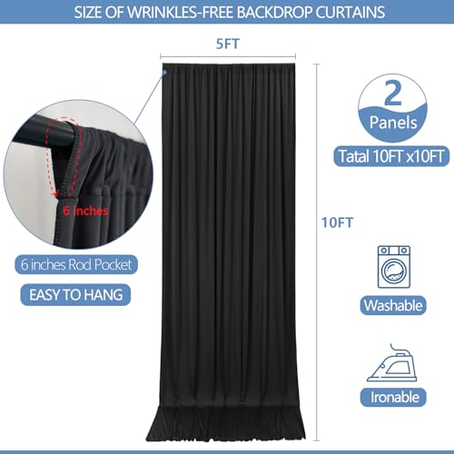 10x10ft Wrinkle Free Black Backdrop Curtain for Parties Soft Fabric Drapes Wedding Black Curtain Backdrop for Birthday Party Decorations Background for Photography 5x10ft, 2 Panels