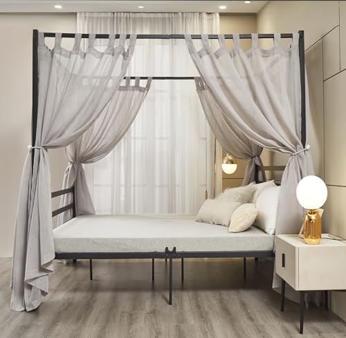 Mengersi Linen Canopy Bed Curtains for Twin,Full,Queen and King Size Bed,Bed Canopy Natural Blended Curtain Panels, 8 Panels Set (All Bed Sizes, Gray)