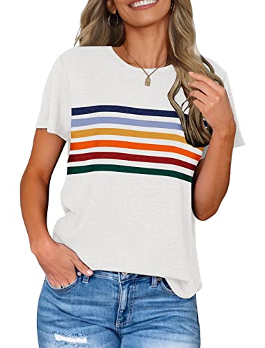 LEANI Women’s Short Sleeve T Shirts Crewneck Striped Color Block Tunic Tops Loose Casual Summer Tee, Bluegreen, M