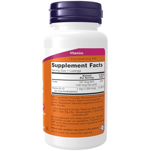 NOW Supplements, Vitamin B-12 1,000 mcg with Folic Acid, Nervous System Health*, 250 Chewable Lozenges