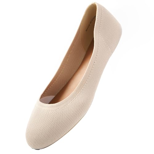 YORINDALE Women's Ballet Flats Soft Knit Lightweight Round Toe Slip On Comfort Ballerina Flat Shoes for Walking Low Wedge Soft Beige