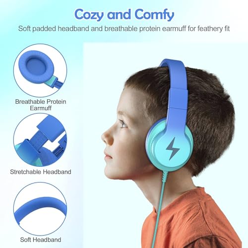 Candy Bila Kids Headphones, Wired Headphones for Kids with Microphone, 85/94dB Volume Limiter Headphones for Girls Boys with Sharing Jack, Foldable Headphones for Online Study, Gradient Blue