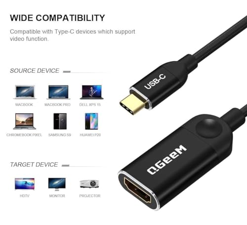 QGeeM USB C to HDMI Adapter 4K Cable, USB Type-C to HDMI Adapter [Thunderbolt 3/4] HDMI Adapter for Laptop MacBook Pro/Air, iPhone15 Pro max, Dell XPS, HP.Pixelbook, Thinkpad,Surface,etc.-Black