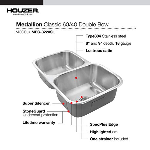 Houzer MEC-3220SL-1 Medallion Classic Series Undermount Stainless Steel 60/40 Double Bowl Kitchen Sink, Small Bowl Left