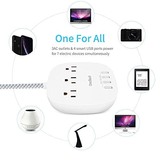 Desktop Power Strip with 3 Outlet 4 USB Ports 4.5A, Flat Plug and 5 ft Long Braided Extension Cords for Cruise Ship Travel Home Office, ETL Listed