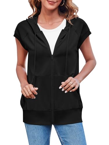 Fisoew Women's Sleeveless Zip Up Hoodies Casual Loose Fit Drawstring Sweatshirts Lightweight Jackets Vest with Pockets Black