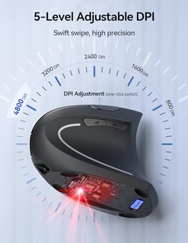 TECKNET Ergonomic Mouse, Rechargeable Vertical Ergo Mouse Wireless, Silent 2.4GHz 6 Buttons Optical Carpal Tunnel Mouse, 5 Adjustment Levels, Up to 4800DPI Wireless Mouse for Laptop, Desktop, PC