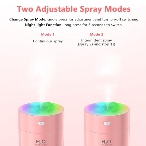 besky Small Portable Humidifiers for Bedroom, USB Rechargeable Mini Cool Mist Humidifier 2 Modes Super Quiet with Colorful Night Lamp, Suitable for Travel Office Family