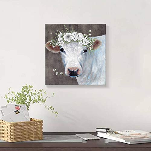 White Cow Picture Wall Art: Abstract Animal Artwork Painting on Canvas for Bathroom (12" W x 12" H, Multiple Sizes/Material)