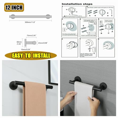 Alise Bath Towel Bar,Black Towel Holder Towel Racks for Bathroom Lavatory,12 Inch SUS304 Stainless Steel Towel Hanger Wall Mount Towel Rail,Matte Black GYT2530-B
