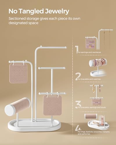 SONGMICS Jewelry Stand, Jewelry Organizer, Jewelry Display Holder with Metal Frame, 2 Earring Boards, 4 Hanging Rods, Necklace Earring Bracelet Holder, for Watches, Cloud White UJJS025W01