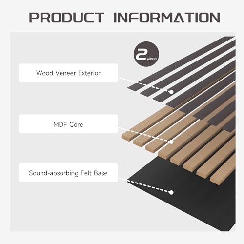 POHARE Wood Slat Wall Panels, 2 Pack 8 x 1 ft Decorative Wood Panels for Wall,Stylish Wall Panels for Interior Wall Decor, Modern Acoustic Wood Wall Panels with Felt Backing, Black-Brown Oak