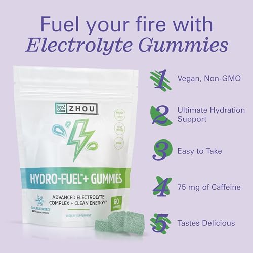 Zhou Nutrition Hydro-Fuel Plus - Electrolyte Gummies - Advanced Electrolyte Complex Plus 75 mg of Caffeine - Clean Energy Supplements - Vegan, 20 Servings, 60 Gummies