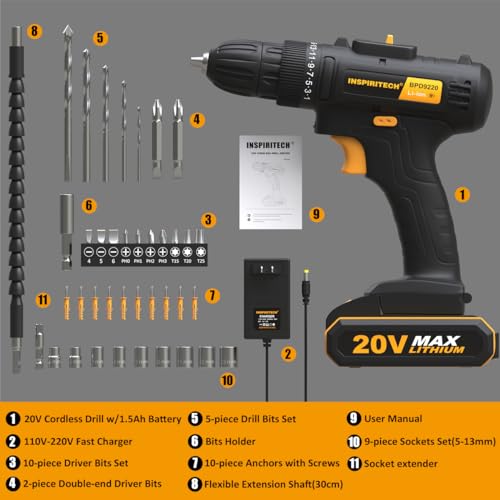 INSPIRITECH 20V Cordless Drill, Power Drill Set with 2 Batteries and Charger,3/8-Inch Chuck Electric Drill Kit with 24-Torque Setting, Drill Driver Bits and Tool Bag Included…