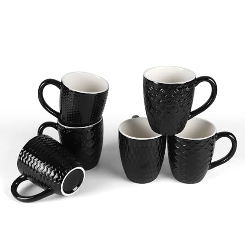 Hoikwo Porcelain Coffee Mugs Set of 6 with Individual Texture, Modern Simple Black Cups, Elegant and Stylish 12 OZ Comfortable Ceramic Coffee Tea Milk Coco Mug, Microwave and Dishwasher Safe