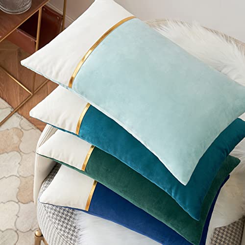 MIULEE Pack of 2 Decorative Patchwork Velvet Throw Pillow Covers with Gold Leather Square Soft Solid Pillowcases Couch Pillows Covers for Bed Sofa Living Room 12 X 20 Inch Aqua Green