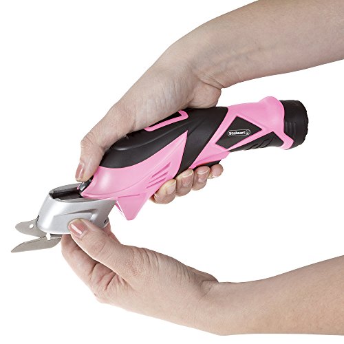 Cordless Electric Scissors with Two Blades – Fabric, Leather, Carpet and Cardboard Cutter – 3.6V Lithium-Ion Rechargeable Battery by Stalwart (Pink)