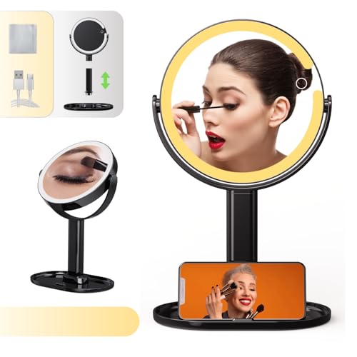 ESWU 8" Lighted Makeup Mirror with Magnification, 1X/10X Magnifying Mirror with Light 3 Colors, Rechargeable Lighted Makeup Mirror, Lighted Magnifying Mirror, 360° Rotation Double-Sided Mirror, Black